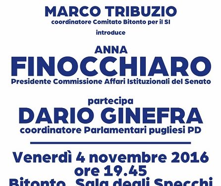 Referendum. Arriva a Bitonto per la campagna per il “Sì” la senatrice Anna Finocchiaro