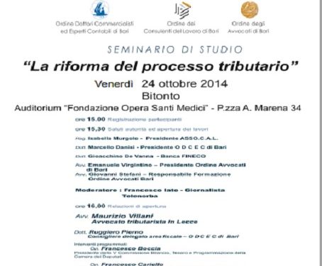 “Riforma del processo tributario”. Se ne parla venerdì prossimo in un seminario