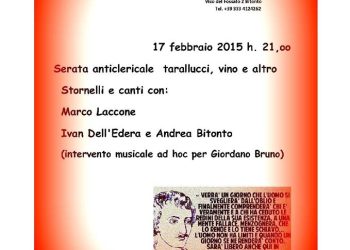 Domani al Circolo “Giordano Bruno” una serata anticlericale con musica e allegria