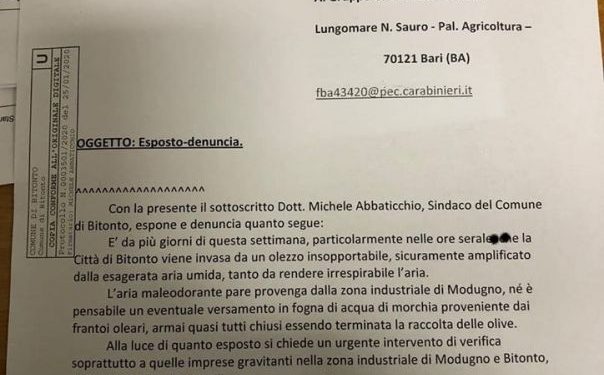 Cattivi odori in città. Abbaticchio scrive ai carabinieri forestali: “Urge un intervento di verifica delle aziende nella zona industriale di Modugno e Bitonto”